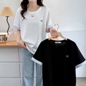 愛心刺繡袖口直條紋設計短袖T桖上衣 獨具衣格 J8919