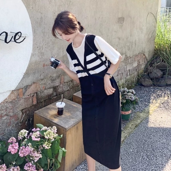韓系女孩簡約配條假兩件洋裝 獨具衣格 J8947