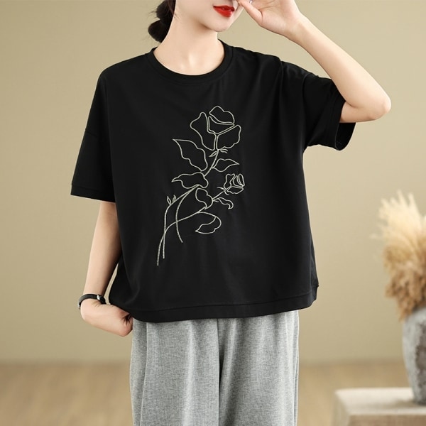 玫瑰花刺繡圓領短袖T桖上衣 獨具衣格 J9010