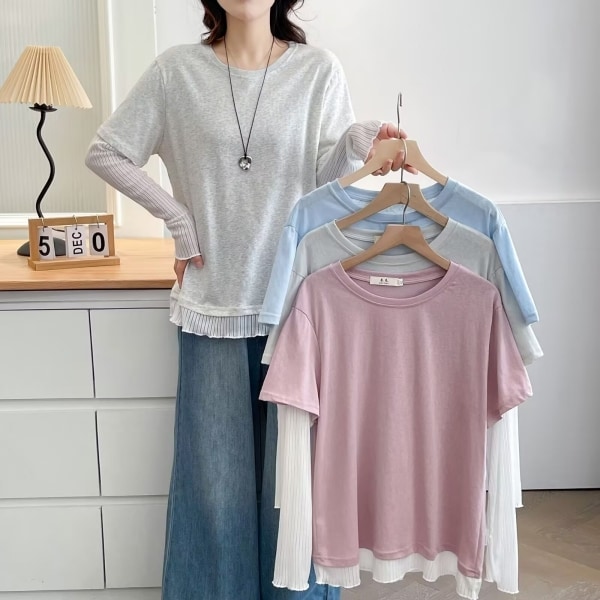 韓系小妞假兩件紗網圓領T上衣 獨具衣格 J9031