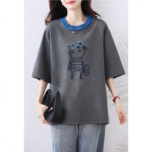 立體貓咪刺繡中長版T桖上衣 獨具衣格 J9175