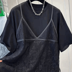 假兩件蕾絲吊帶短袖上衣 獨具衣格 J9245
