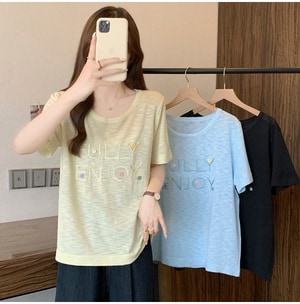 可愛繽紛色系英文字刺繡針織短袖上衣 獨具衣格 J9436