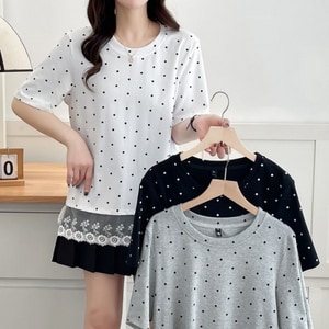 可愛波點下擺蕾絲拼接短袖上衣 獨具衣格 J9504