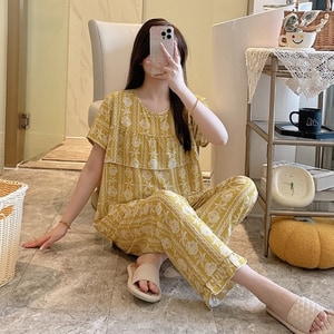 涼爽棉甜美荷葉風防凸點家居服套裝(上衣+長褲) 獨具衣格 J9505