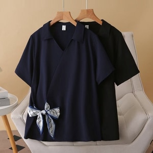 下擺絲巾蝴蝶結裝式POLO V領上衣 獨具衣格 J9573