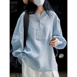 棉麻小V領釦子設計日系秋季上衣 獨具衣格 J9580