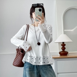 秋季新款日系甜美袖口下擺蕾絲上衣 獨具衣格 J9590