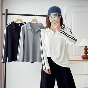 運動風POLO小V領長袖上衣 J9593