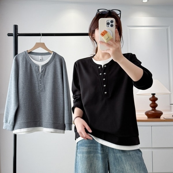 釘釦設計假兩件長袖上衣 獨具衣格 J9597