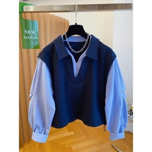 韓系假兩件直條紋拼接上衣 獨具衣格 J9615