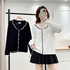 復古小香風花瓣領針織長袖上衣 J9621