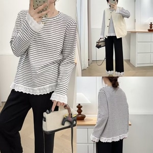 百搭配條蕾絲拼接內搭T桖上衣 獨具衣格 J9636