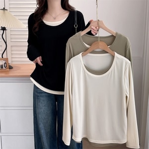 莫蘭迪色假兩件圓領長袖T桖上衣 獨具衣格 J9657