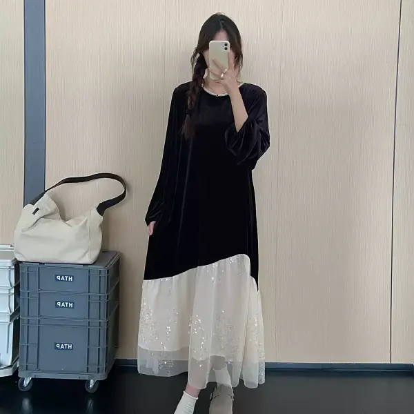 仙女亮片下擺拼接長袖洋裝 獨具衣格 J9680