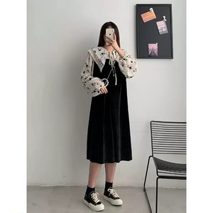 韓系小碎花假兩件拼接長袖洋裝 獨具衣格 J9683