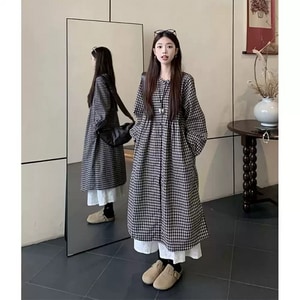 日系復古風格紋蕾絲下擺拼接長袖洋裝 獨具衣格 J9690