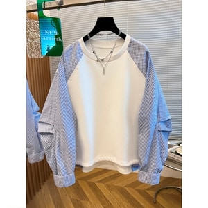 超可愛格紋拼接大學T上衣 獨具衣格 J9718