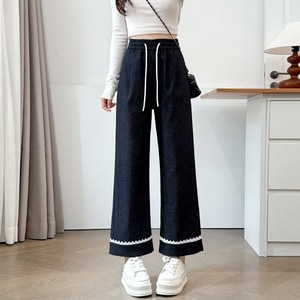 牛仔拼接下擺蕾絲寬褲(L-4L) 獨具衣格 J9734