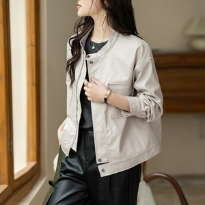 溫柔風PU軟皮圓領皮衣外套(L-4L) 獨具衣格 J9743