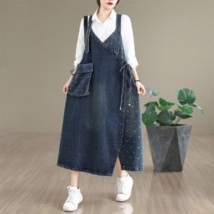 愛心印花拼接吊帶牛仔洋裝 獨具衣格 J9744