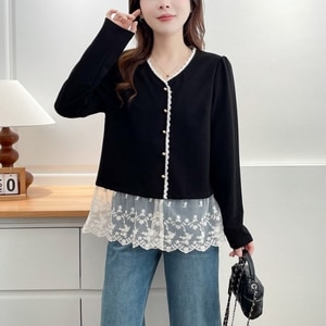 小香風蕾絲拼接V領長袖上衣外套 獨具衣格 J9757