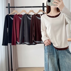 撞色假兩件圓領T桖長袖上衣 獨具衣格 J9764