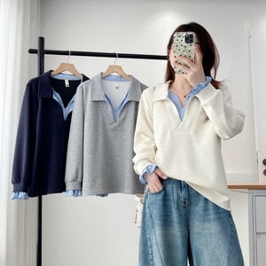 直條紋假兩件反領荷葉袖口長袖上衣 獨具衣格 J9765