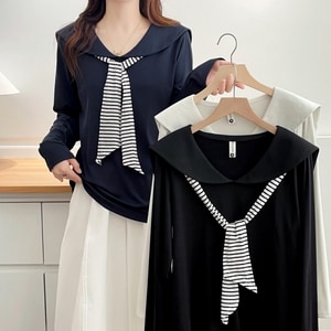 海軍風配條領巾長袖T桖上衣 獨具衣格 J9766