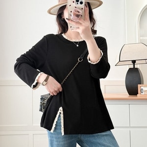 好比例下擺蕾絲開岔長袖T桖上衣 獨具衣格 J9783