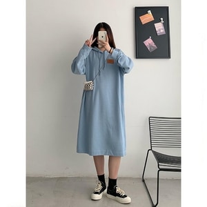 韓系小皮標連帽長袖洋裝(XL-4L) 獨具衣格 J9788