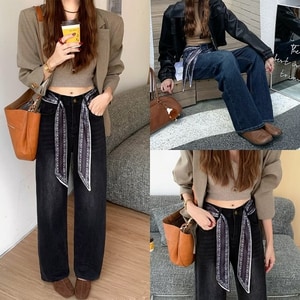 率性絲巾腰帶顯瘦復古刷色牛仔褲L-4L 獨具衣格 J9808