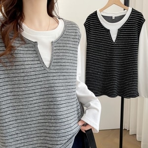 韓版假兩件學院風配條長袖上衣XL-4L 獨具衣格 J9810