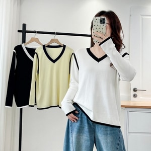 顯瘦版型V領配條滾邊針織毛衣上衣XL-4L 獨具衣格 J9811