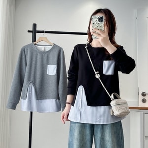 韓系帥氣直條紋拼接假兩件長袖上衣XL-4L 獨具衣格 J9817