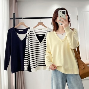 V領假兩件針織毛衣長袖上衣XL-3L 獨具衣格 J9818