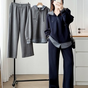 格紋拼接連帽運動套裝(上衣+長褲) 獨具衣格 J9823