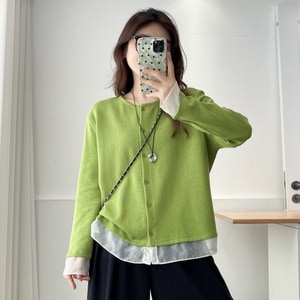 超可愛酪梨網紗拼接開襟長袖上衣 獨具衣格 J9832