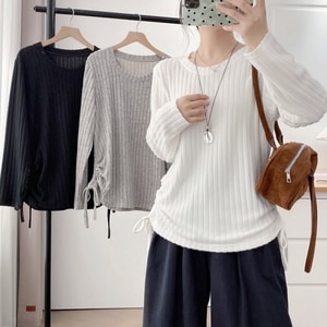 素雅坑條下擺抽繩設計長袖內搭上衣 獨具衣格 J9833