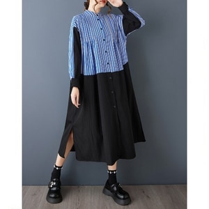 帥氣直條紋拼接假兩件開襟長袖洋裝 獨具衣格 J9836