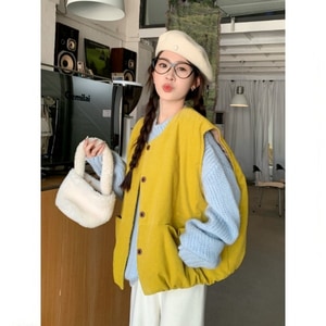 燈心絨超可愛亮黃日系鋪棉保暖背心 獨具衣格 J9840