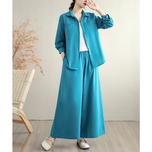 棉麻雙口袋寬褲套裝(上衣+長褲) 獨具衣格 J9842