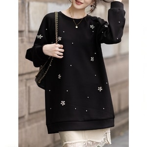 花朵鑲鑽中長版長袖上衣 獨具衣格 J9849