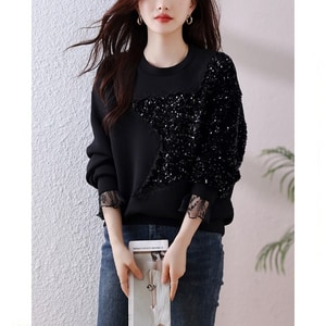 超美華麗星星亮片蕾絲拼接長袖上衣 獨具衣格 J9850