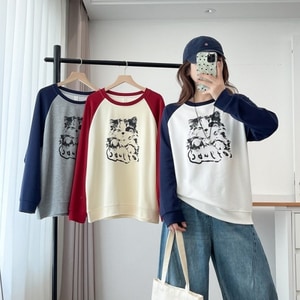 韓版可愛貓咪印花撞色袖子長袖T桖上衣 獨具衣格 J9852