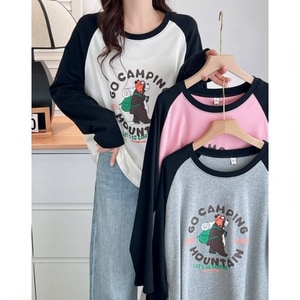 超可愛熊熊露營撞色袖子長袖T桖上衣 獨具衣格 J9853