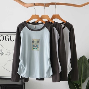 可愛熊熊印花下擺顯瘦抓皺設計長袖T桖上衣 獨具衣格 J9855