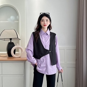 帥氣假兩件背心拼接中長版襯衫上衣 獨具衣格 J9857