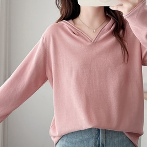 超美甜美針織連帽小V領長袖上衣 獨具衣格 J9861