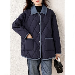 鋪棉菱格壓紋牛仔拼接外套(L-4L) 獨具衣格 J9869